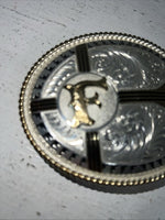 New Women’s Montana Silversmiths Gold Silver Black “F” Belt Buckle. B-5