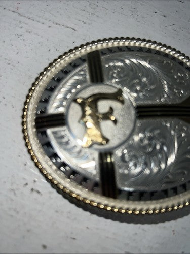 New Women’s Montana Silversmiths Gold Silver Black “F” Belt Buckle. B-5