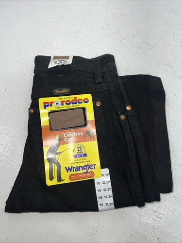 New Boys Black Wrangler Pro Rodeo Cowboy Cut Denim Jeans. 16 Slim B-31