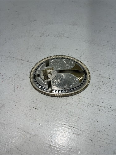 New Women’s Montana Silversmiths Gold Silver Black “F” Belt Buckle. B-5