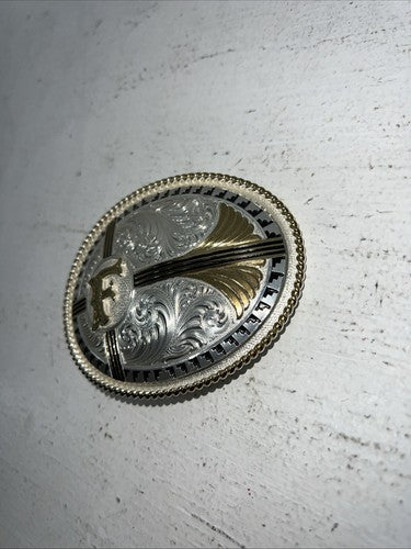 New Women’s Montana Silversmiths Gold Silver Black “F” Belt Buckle. B-5