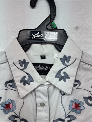 New Women’s White Horse Floral Embroidered Long Sleeve Pearl Snap XL II-33