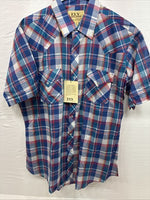 New Men’s ELY Cattleman Blue Multicolor Plaid Short Sleeve Pearl Snap Large Q-93