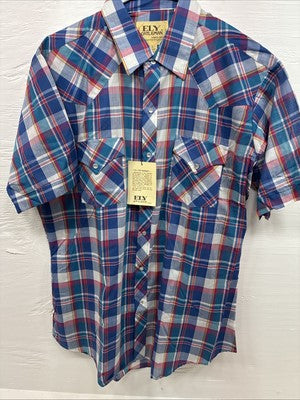 New Men’s ELY Cattleman Blue Multicolor Plaid Short Sleeve Pearl Snap Large Q-93