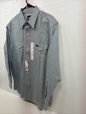 New Men’s Wrangler Blue White Stripe Long Sleeve Button Up 17.5 X 35 XL T-70