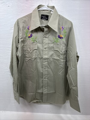 New Men’s Champion Western Green Embroidered Long Sleeve Pearl Snap 17 XL T-4