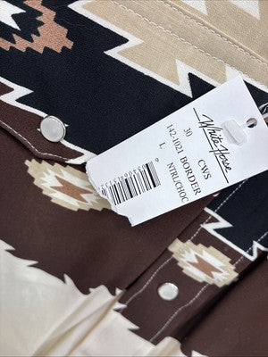 New Men’s White Horse Brown Western Print Long Sleeve Pearl Snap Large V-34