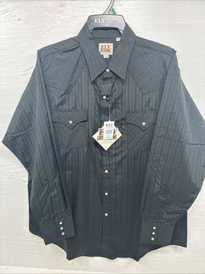 New Men’s ELY Cattleman Black Designed Long Sleeve Pearl Snap 17.5 X 35 XL R-49