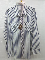 New Men’s H Bar C White Blue Stripe Long Sleeve Pearl Snap 16.5 X 34 Large V-108
