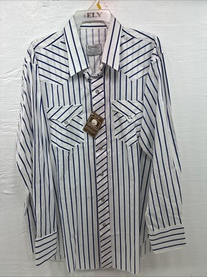 New Men’s H Bar C White Blue Stripe Long Sleeve Pearl Snap 16.5 X 34 Large V-108