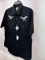 New Men’s ELY Cattleman Black Eagle Designed Short Sleeve Pearl Snap Large T-65