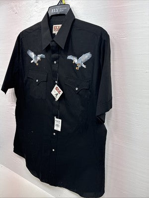 New Men’s ELY Cattleman Black Eagle Designed Short Sleeve Pearl Snap Large T-65