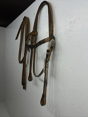 New Congress Leather Headstall W Spilt Reins Metal Plate Browband #6853 U-27