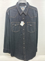 New Men’s ELY Cattleman Dark Blue Jean Long Sleeve Pearl Snap XL M-80
