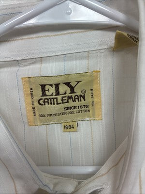 New Men’s ELY Cattleman White Stripe Long Sleeve Pearl Snap 16 X 34 Large M-24
