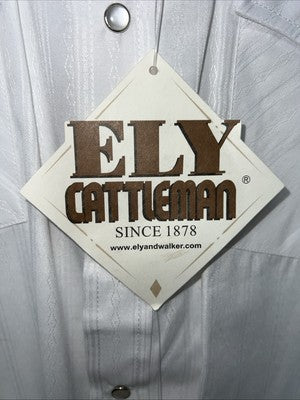 New Men’s White ELY Cattleman Long Sleeve Pearl Snap Shirt. Tall Large P-58