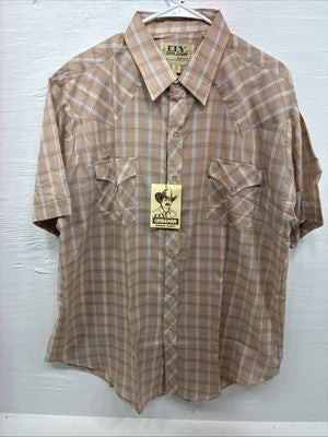 New Men’s ELY Cattleman Tan Plaid Short Sleeve Pearl Snap XL R-39
