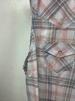New Women’s Cumberland Gray Pink Plaid Short Sleeve Pearl Snap 2XL GG-62