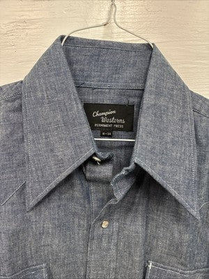 New Men’s Champion Western Jean Design Blue Long Sleeve Pearl Snap Large Q-88