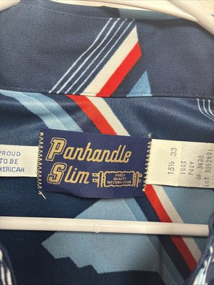 New Men’s Panhandle Slim Blue Red Design Long Sleeve Pearl Snap 15.5 Medium V-73