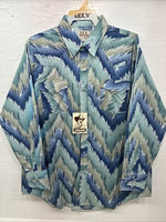 New Men’s ELY Cattleman Blue Green design Long Sleeve Pearl Snap 17 X 34 XL T-37