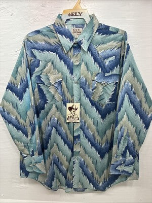 New Men’s ELY Cattleman Blue Green design Long Sleeve Pearl Snap 17 X 34 XL T-37