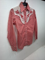 New Women’s Miss Rodeo Red Checker Long Sleeve Pearl Snap Small KK-27