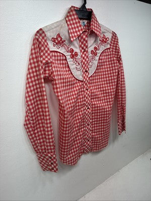 New Women’s Miss Rodeo Red Checker Long Sleeve Pearl Snap Small KK-27