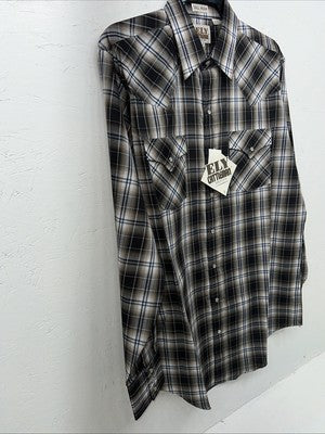 New Men’s Brown Plaid ELY Cattleman Long Sleeve Pearl Snap Shirt. L Tall P-68