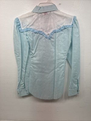 New Women’s Miss Rodeo Blue Ruffled Long Sleeve Pearl Snap Small KK-21
