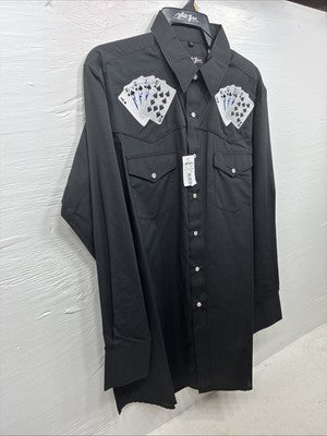 New Men’s White Horse Black Card Design Long Sleeve Pearl Snap Large CC-29