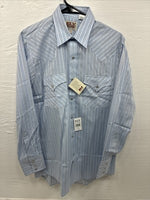 New Men’s ELY Cattleman Blue Stripe Design Long Sleeve Pearl Snap 15 Medium X-99