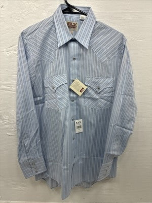 New Men’s ELY Cattleman Blue Stripe Design Long Sleeve Pearl Snap 15 Medium X-99