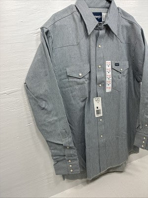 New Men’s Wrangler Blue White Stripe Long Sleeve Button Up 17.5 X 35 XL T-70