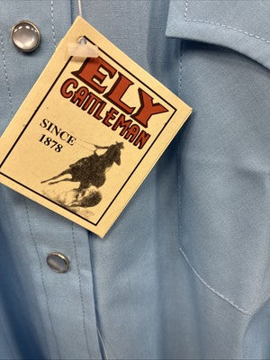 New Men’s ELY Cattleman Blue Simple Long Sleeve Pearl Snap 17.5 X 35 XL O-57
