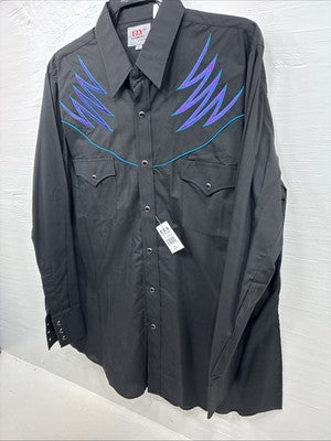 New Men’s ELY Diamond Black Western Design Long Sleeve Pearl Snap Large AA-17