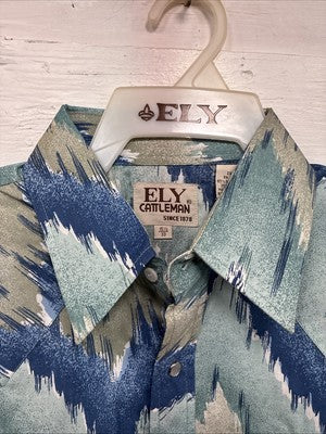 New Men’s ELY Cattleman Blue Green Design Long Sleeve Pearl Snap Medium Q-36
