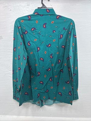New Men’s Wrangler Teal Western Design Long Sleeve Button Up 16/5 Large T-27