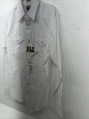 New Men’s White ELY Cattleman Long Sleeve Pearl Snap Shirt. Tall Large P-58