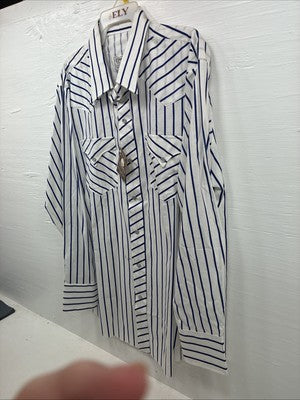 New Men’s H Bar C White Blue Stripe Long Sleeve Pearl Snap 16.5 X 34 Large V-108