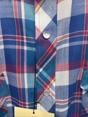 New Men’s ELY Cattleman Blue Multicolor Plaid Short Sleeve Pearl Snap Large X-15