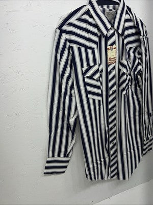 New Men’s Blue White HbarC Ranchwear Long Sleeve Pearl Snap Shirt 16.5x34 L S-13