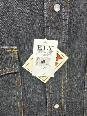 New Men’s ELY Cattleman Dark Blue Jean Long Sleeve Pearl Snap XL M-80