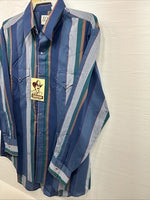 New Men’s ELY Cattleman Blue Multicolor Stripe Long Sleeve Pearl Snap 17 XL O-47
