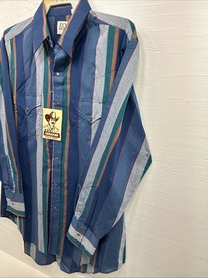 New Men’s ELY Cattleman Blue Multicolor Stripe Long Sleeve Pearl Snap 17 XL O-47