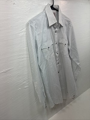 New Men’s H Bar C White Blue Plaid Long Sleeve Pearl Snap Larg M-37
