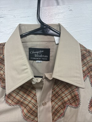 New Men’s Champion Western Brown Plaid Long Sleeve Pearl Snap 15.5 Medium T-73