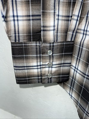 New Men’s Brown Plaid ELY Cattleman Long Sleeve Pearl Snap Shirt. L Tall P-68