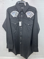 New Men’s White Horse Black Card Design Long Sleeve Pearl Snap Large CC-29