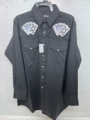 New Men’s White Horse Black Card Design Long Sleeve Pearl Snap Large CC-29
